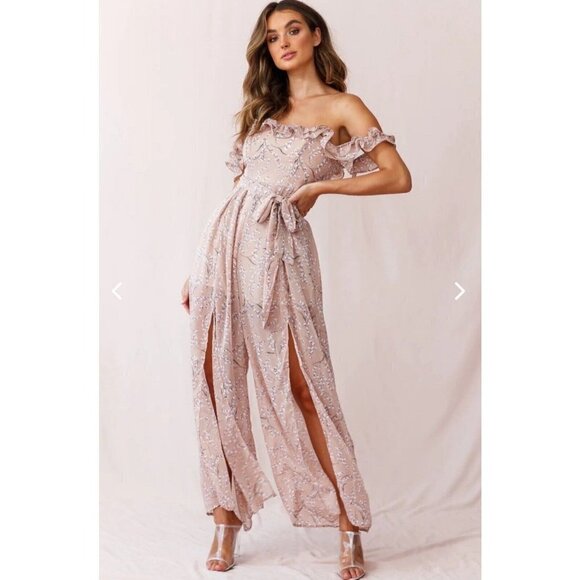 Saint Secrets Jazz Bardot Neckline Split Wide Leg Floral Jumpsuit Blush XS NWT - Picture 8 of 9